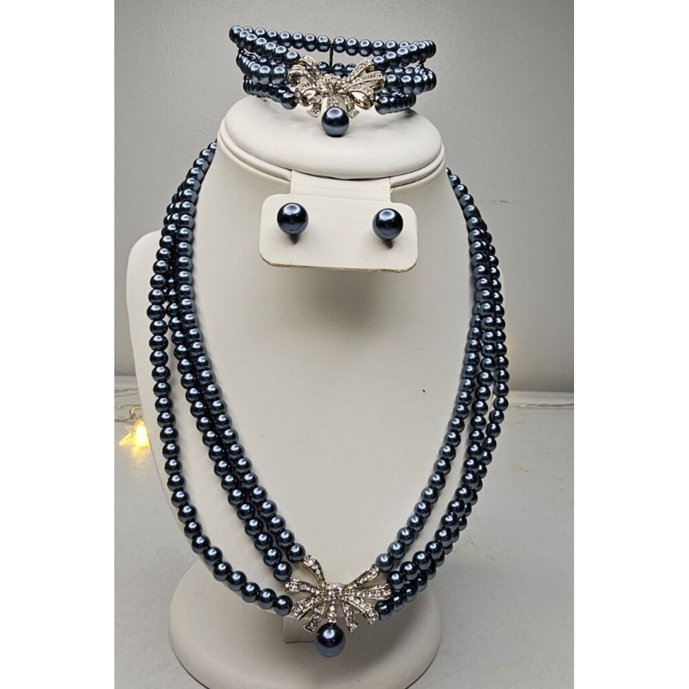 Estate Style Triple Strand Faux Blue Pearl & Rhinestone 3 Piece Jewelry Set